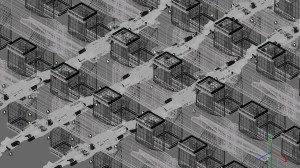 The 3D model of the cityscape was based on simple repeating shapes.