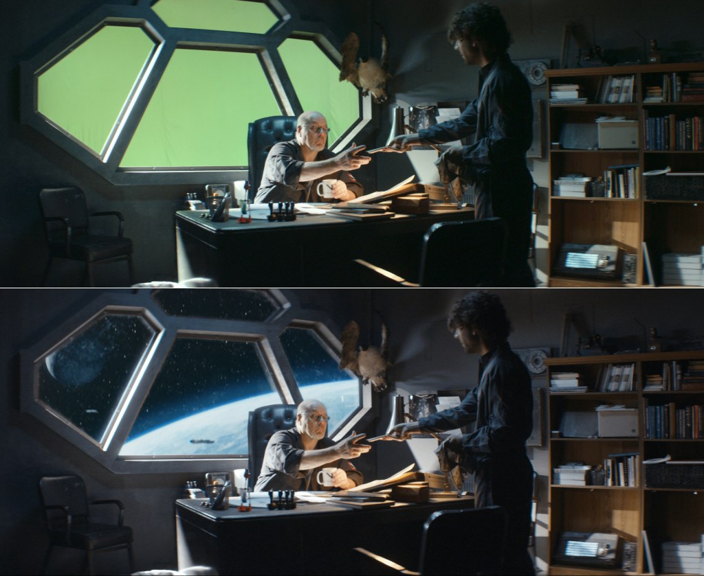 A Valley Forge officer (Amir Malaklou) informs Captain Schreiber (Michael Ironside) that Cole Freeman has departed on his mission. Alec Contestabile built space station interiors by reconfiguring existing set pieces at Laurel Canyon Stages.