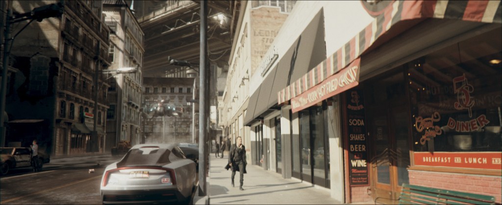 For shots of Cole undertaking an investigation on Earth, BluFire Studios added CG extensions to live-action plates shot on location in Los Angeles.