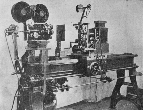 The Gregory-Barber optical printer was a precision-built optical printer capable of head movement to within a tolerance of one eight-hundredth of an inch. Photograph: Journal of the Society of Motion Picture Engineers, April 1928.
