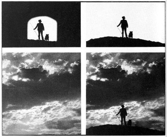 For this RKO composite shot, the original live action (top left) was shot on a stage at Universal. The man and dog were further isolated by what would later be known as a “garbage matte” (top right). This was achieved by projecting the original footage on to a white layout board, drawing in the rest of the silhouette by hand, and rephotographing the result. Cosgrove Special Effects combined the result with a stock shot of a sunset sky (bottom left) using an optical printer, with the final composite image (bottom right) achieved after much experimentation with different light levels and a range of high contrast films. Image source: International Photographer, December 1940.